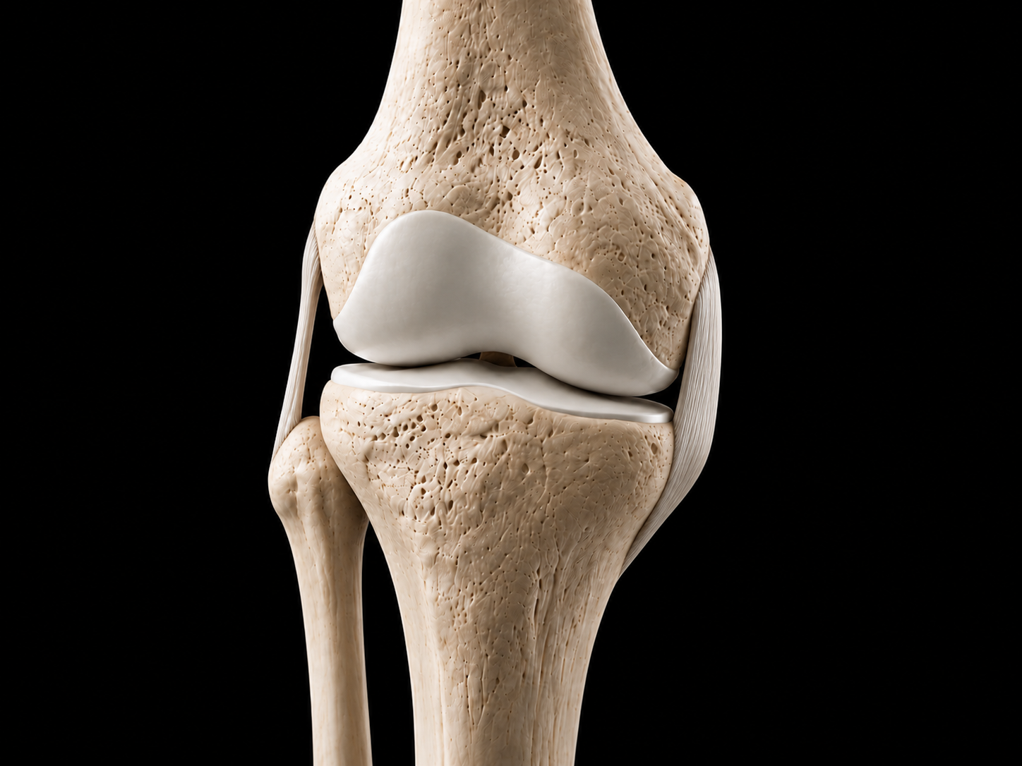 Existing anatomical knee model showing the femur, tibia, cartilage and supporting ligaments.